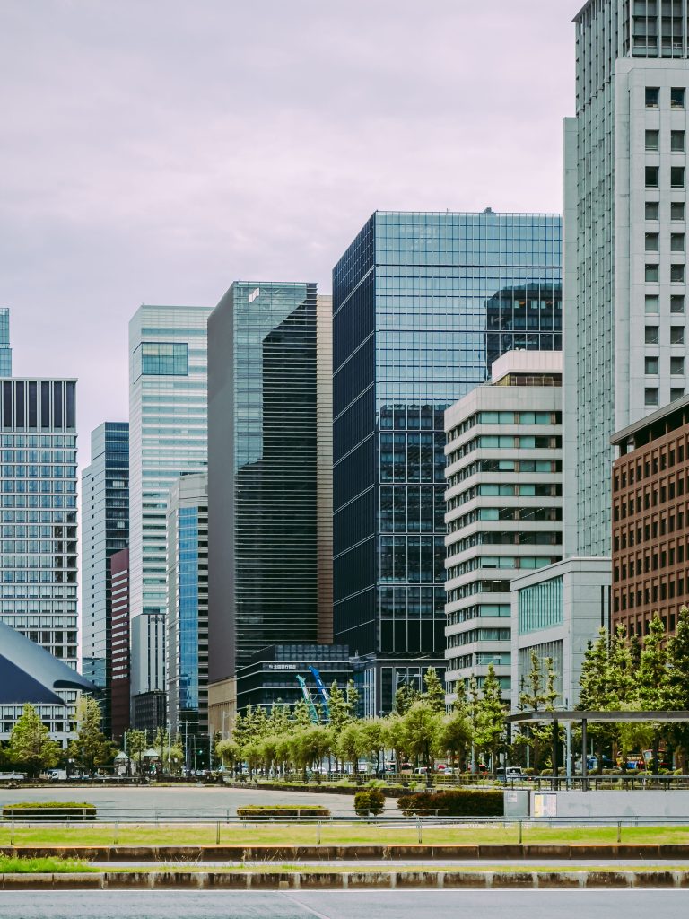 Contemporary urban skyline in Chiyoda City, Tokyo with modern skyscrapers.
